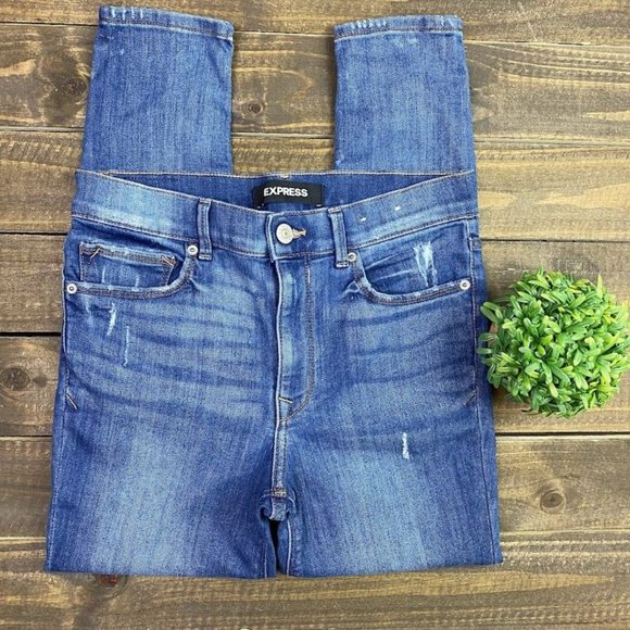 Express Stretch High Rise Skinny Jeans Size 8 Petite Distressed Denim Jeans